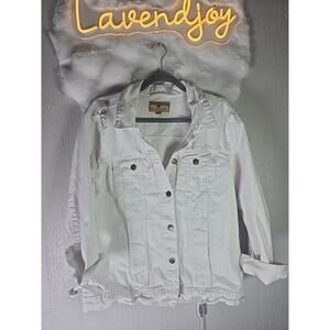 Red Star White Denim Jacket Distressed Button Down Womens XL Pockets